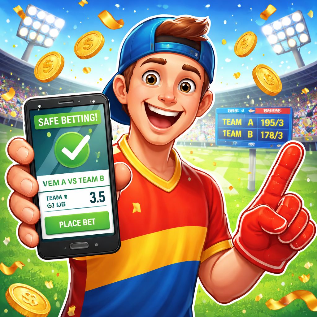 Cartoon sports fan using a mobile betting app with stadium lights and coins