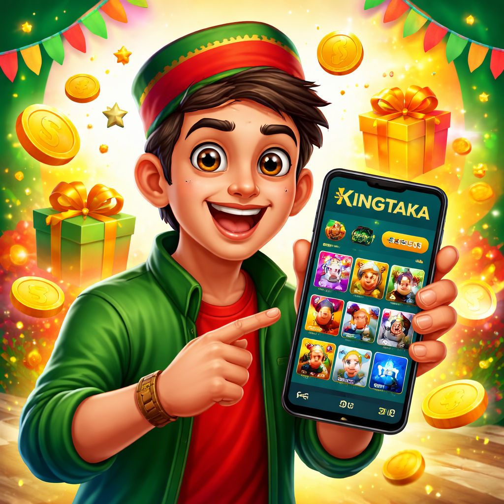kingtaka cartoon character using a mobile gaming app with coins and bright rewards
