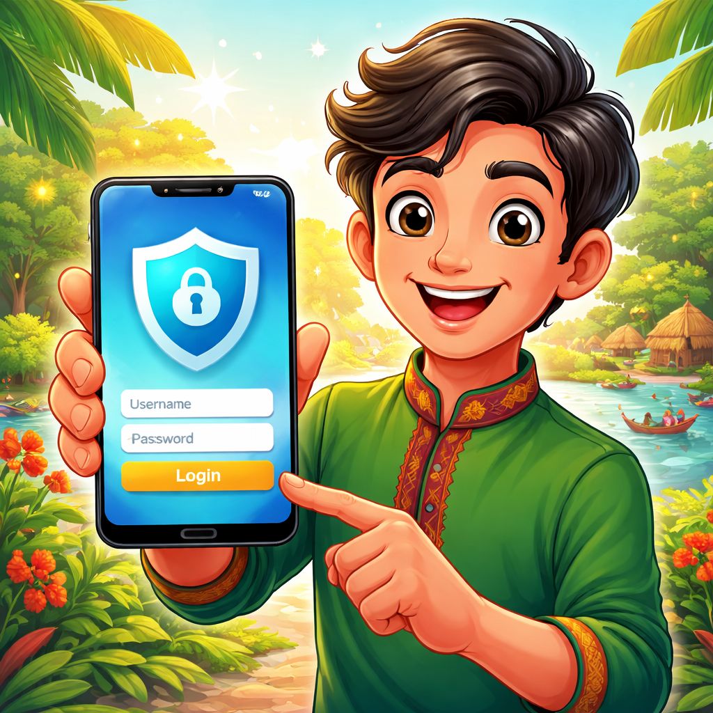 Cartoon kingtaka player securely logging in on a mobile app in Bangladesh